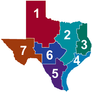 Texas map divided into 7 Regions